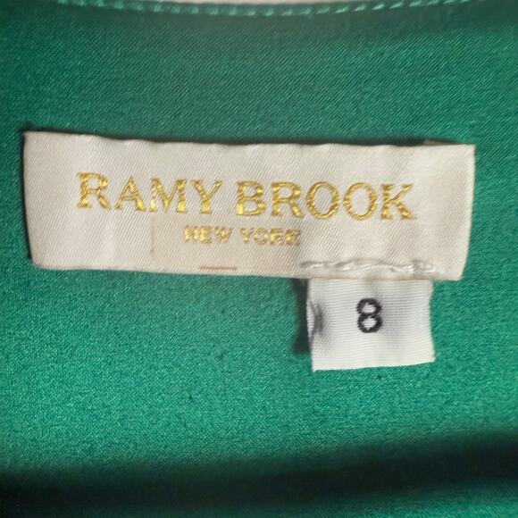 Ramy Brook Madeline Green Satin Plunge Neck Long Sleeve Gown Size 8 - Picture 7 of 16